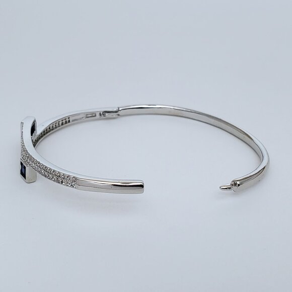 1ct Blue Sapphire Gemstone 2ct Diamond Womens Sterling Silver Bangle Bracelet - Picture 2 of 4